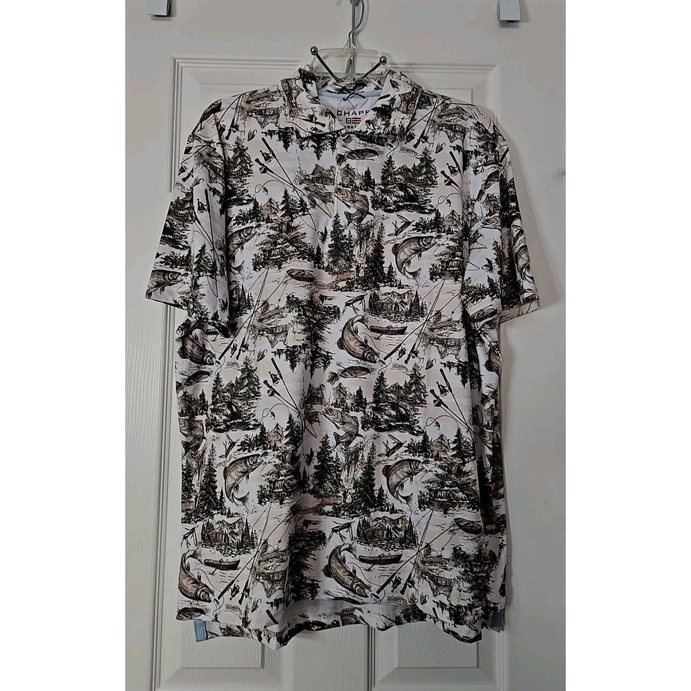 Chaps Mens Polo‎ Shirt Size L NWTs Winter White, Green, Brown Fishing Theme